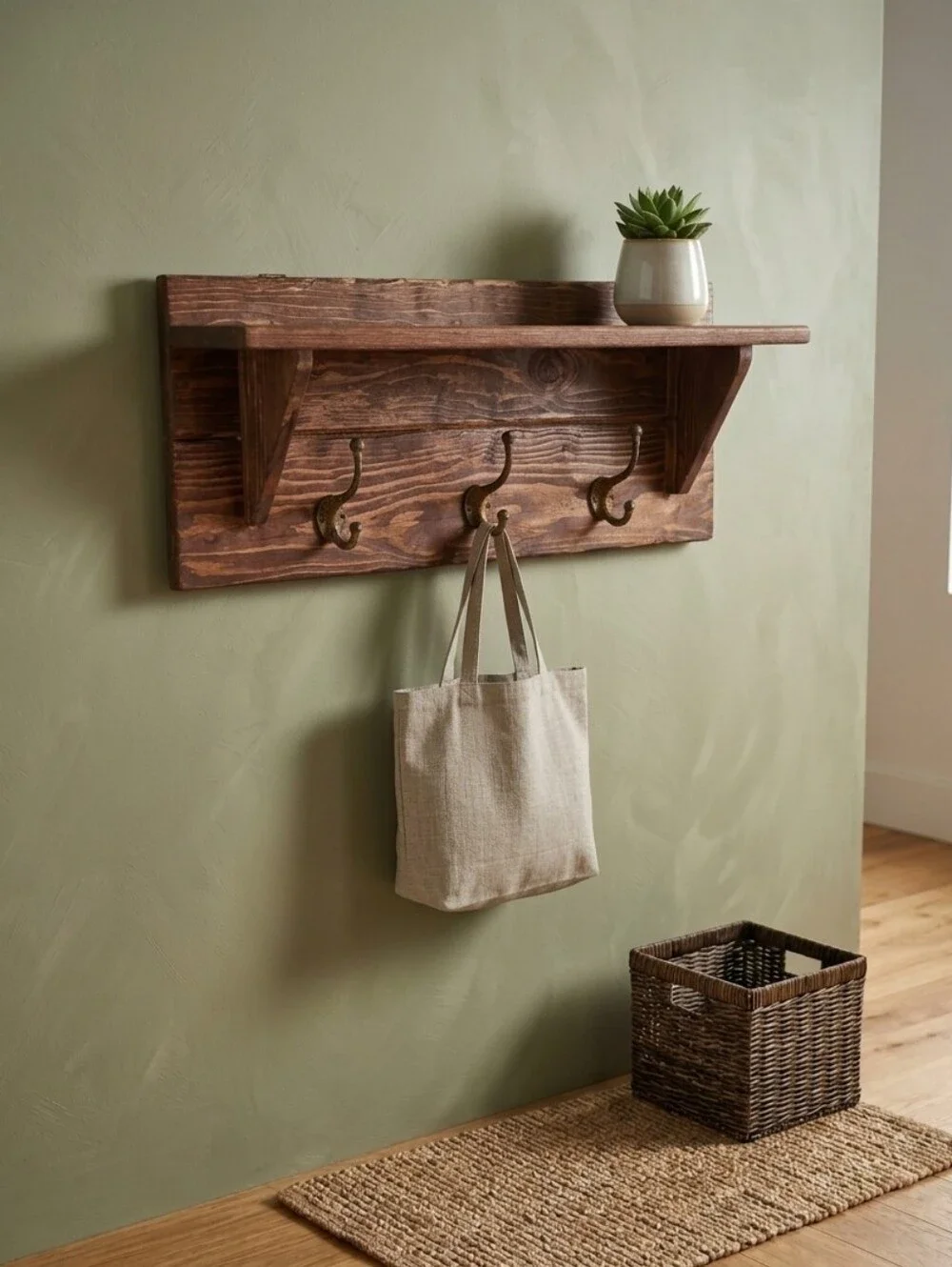 Rustic Wooden Wall Shelf with Hooks - Brown